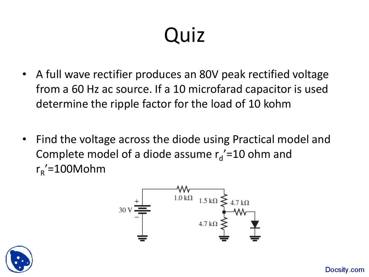Full Wave Rectifier Basic Electronics Quiz Exercises Basic