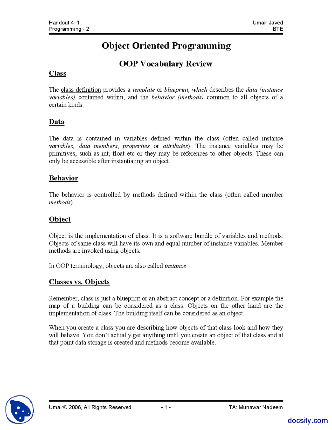 An Introduction-Object Oriented Programming and Data Structures-Lecture ...