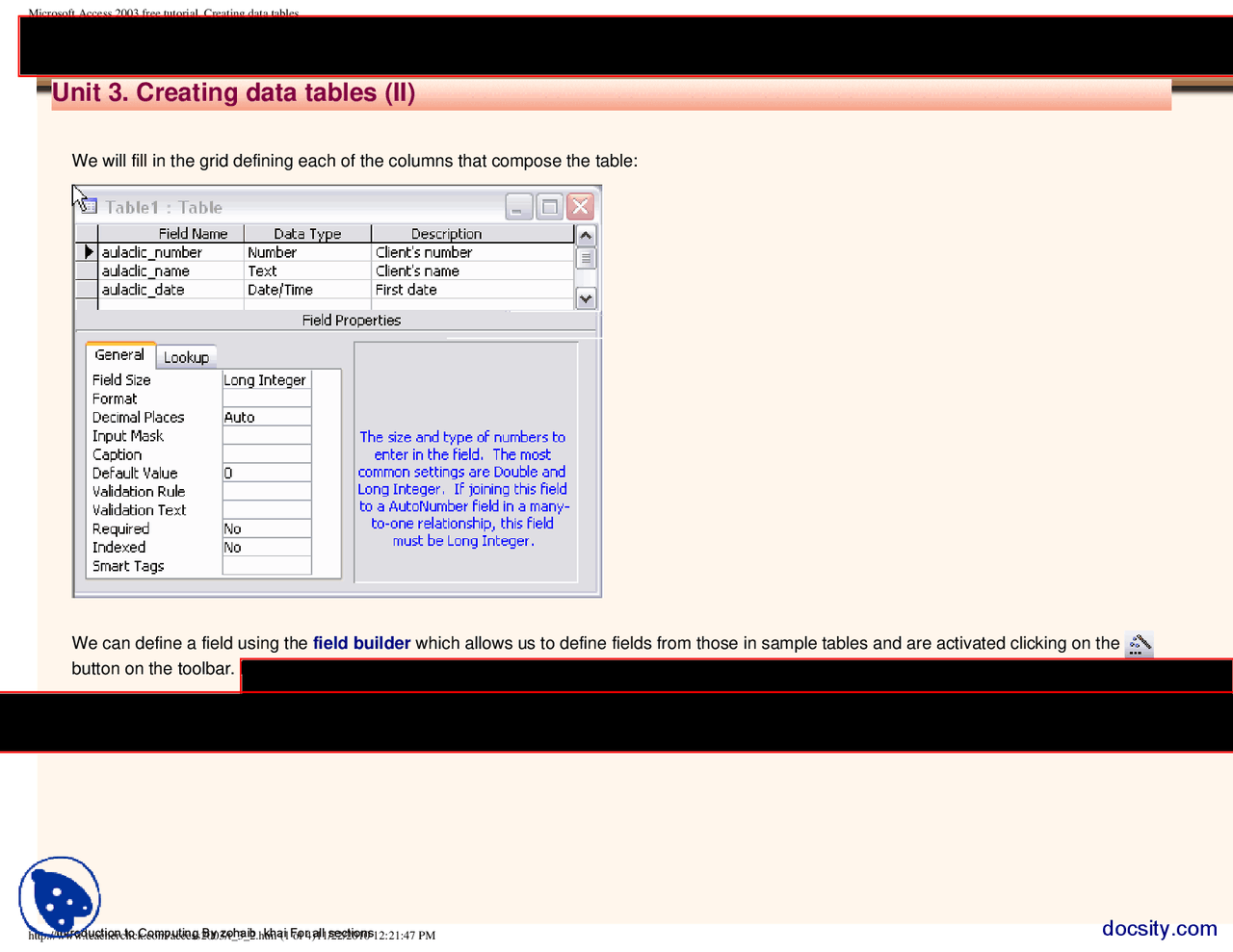 Creating Table Part 2-MS Acess-Tutorial - Docsity