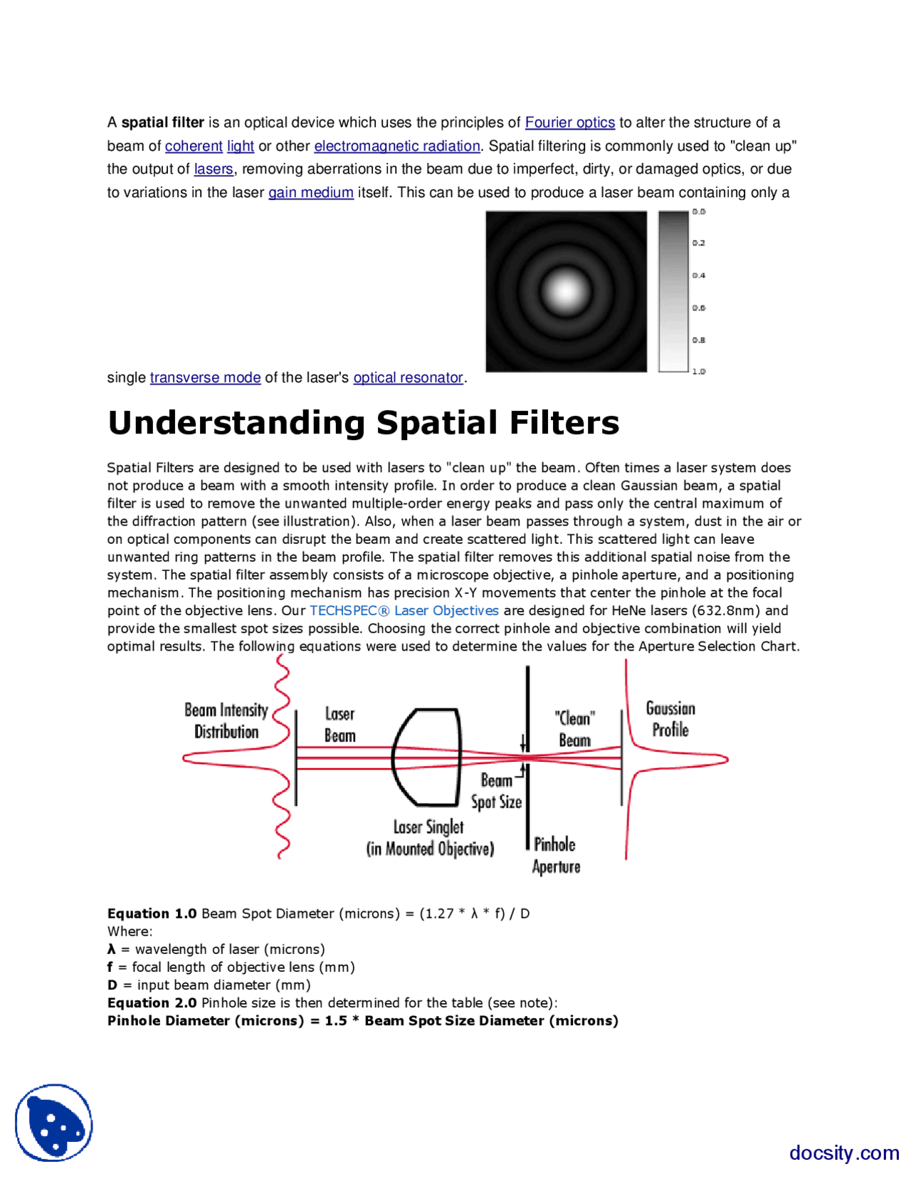 Spatial Optical Filter Understanding Spatial Filters-Physics-Lecture Handout - Docsity