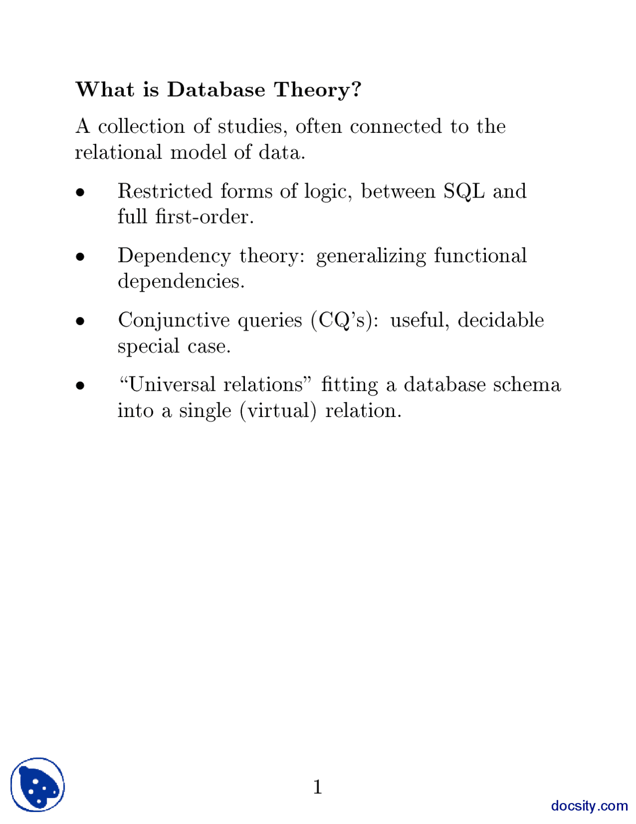 Database Language Notes Introduction-Logic Language For Database-Lecture Notes - Docsity