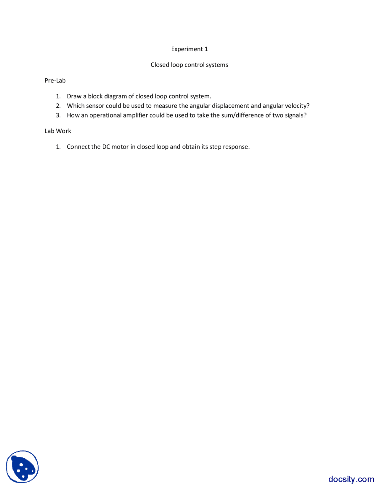 Feedback Systems Control-Control System-Lab Exercise | Exercises ...