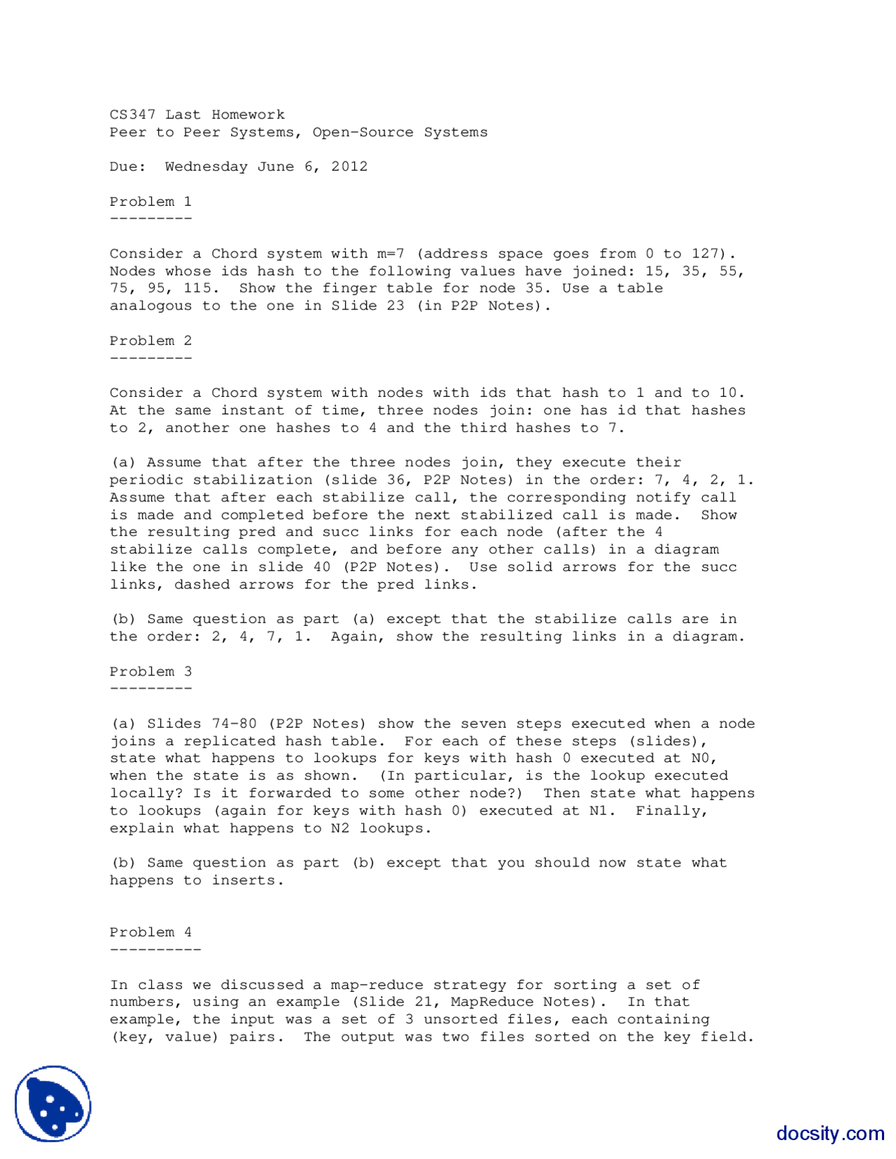 Chord Systems-Parallel and Distributed Data Management-Assignment - Docsity