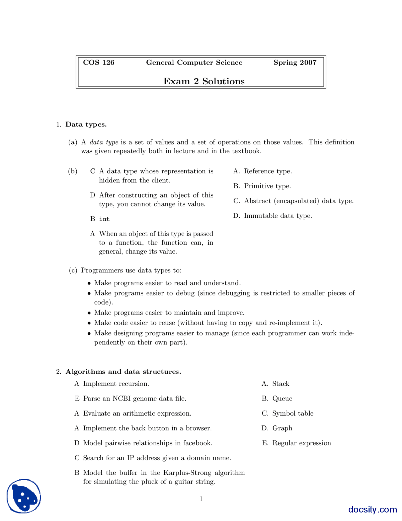 Data Types-General Computer Science-Exam Solution - Docsity