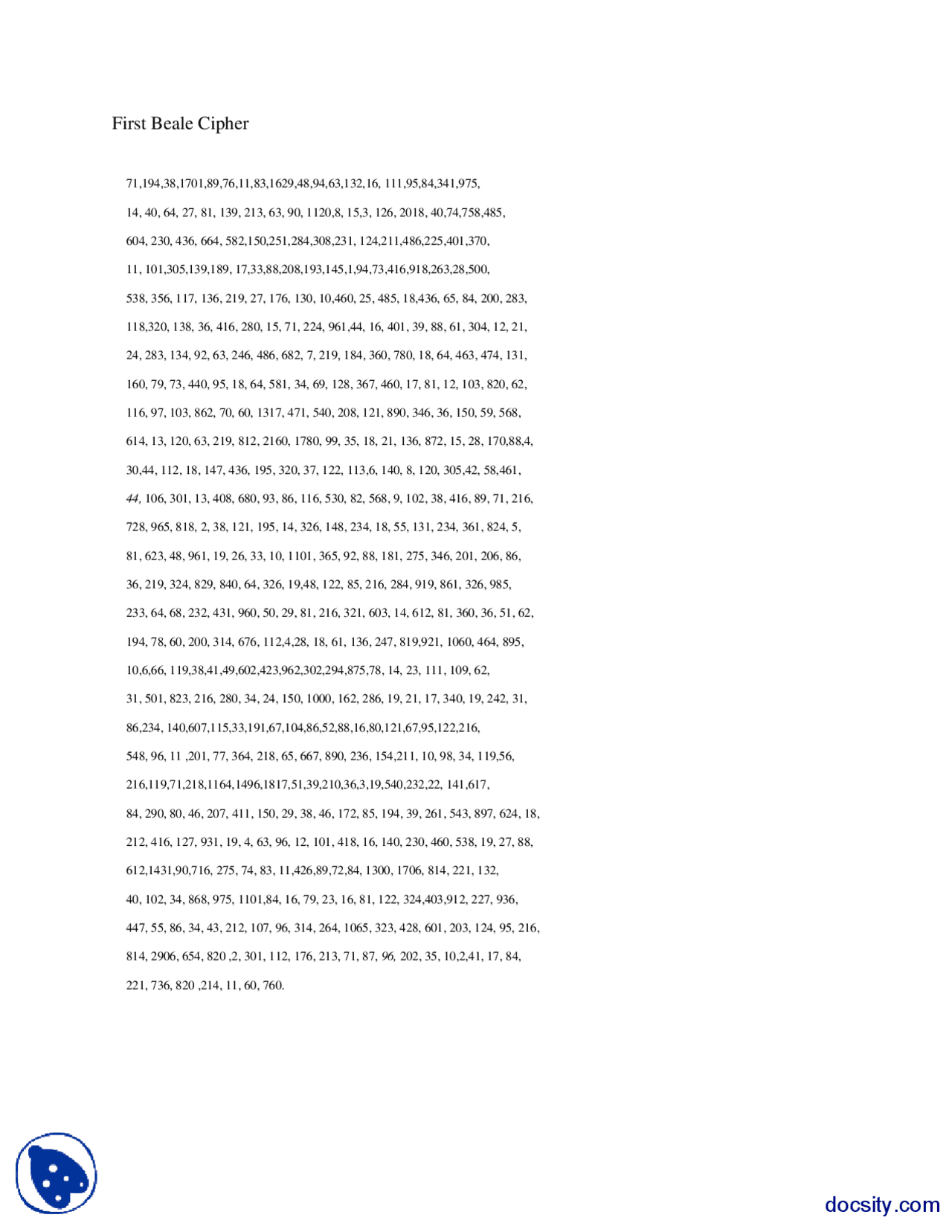 First Cipher First Beale Cipher-System Security And Cryptography-Handout - Docsity