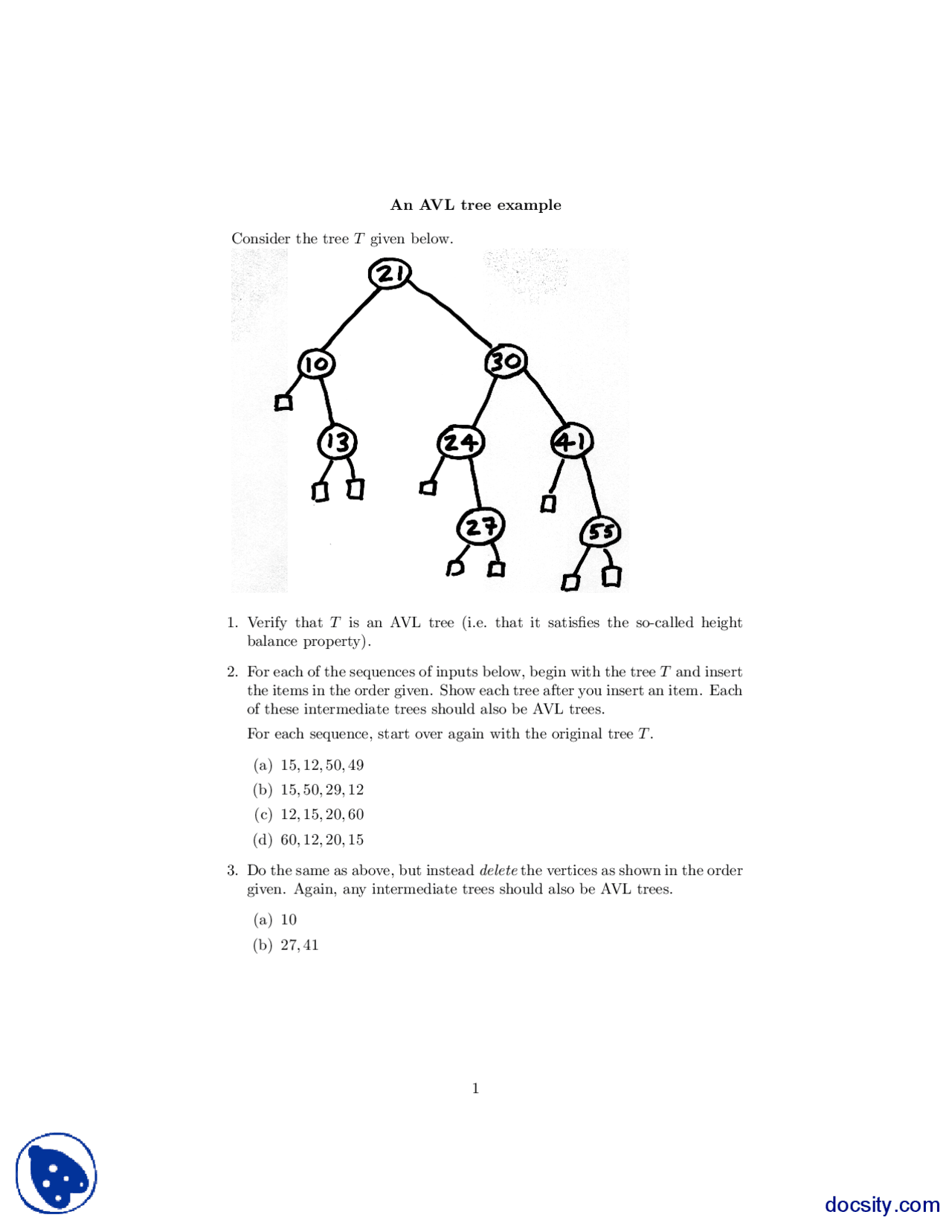 AVL Tree Example-Theory of Complexity and Algorithms-Assignment - Docsity