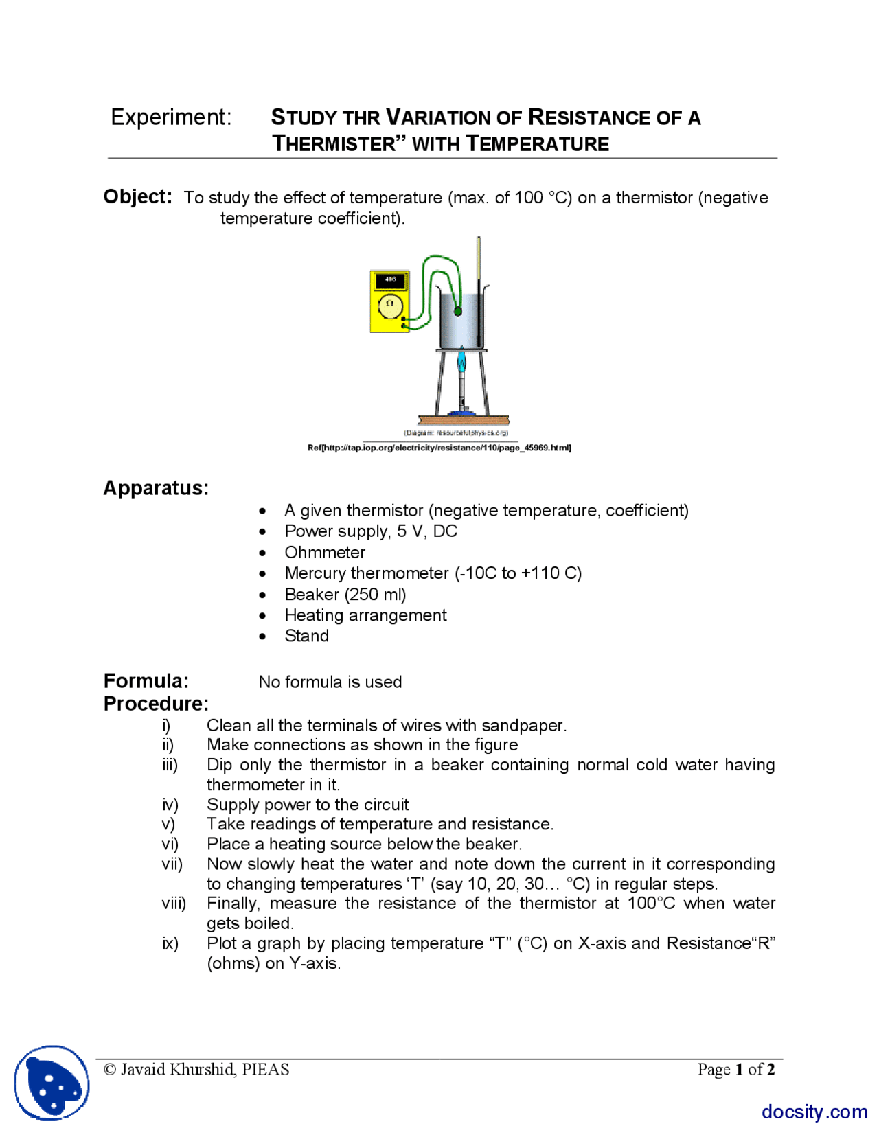 Thermistor ExperimentPhysicsLab Mannual Exercises Physics Docsity