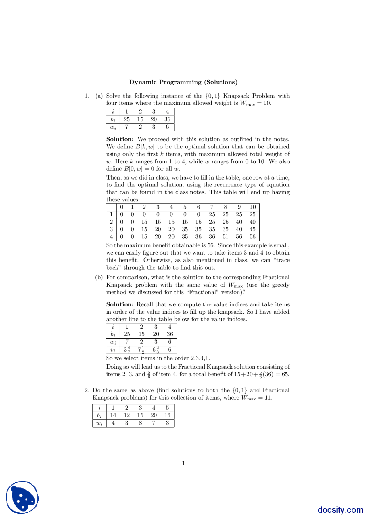Dynamic Programming Exercises-Theory of Complexity and Algorithms ...