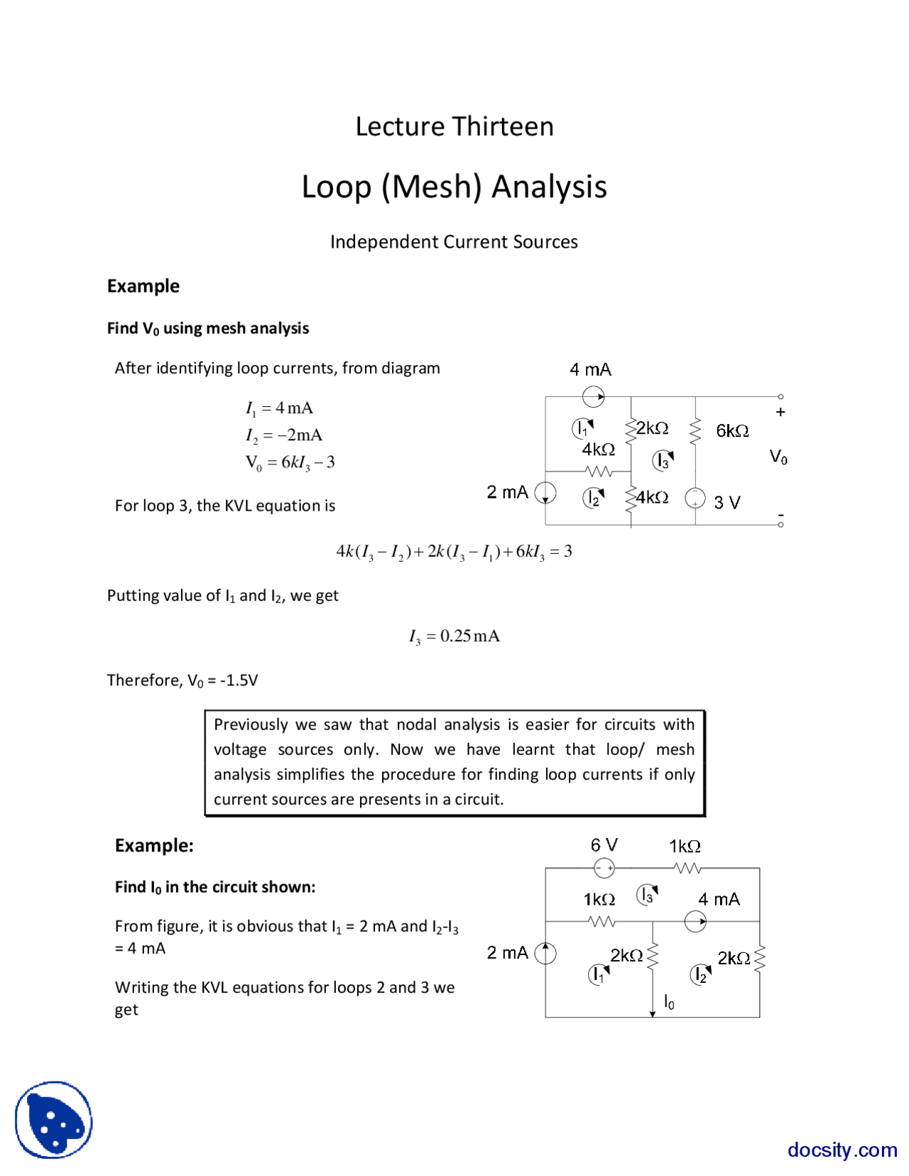 Loop (Mesh) Analysis Part 2-Basic Electronics-Lecture Slides - Docsity