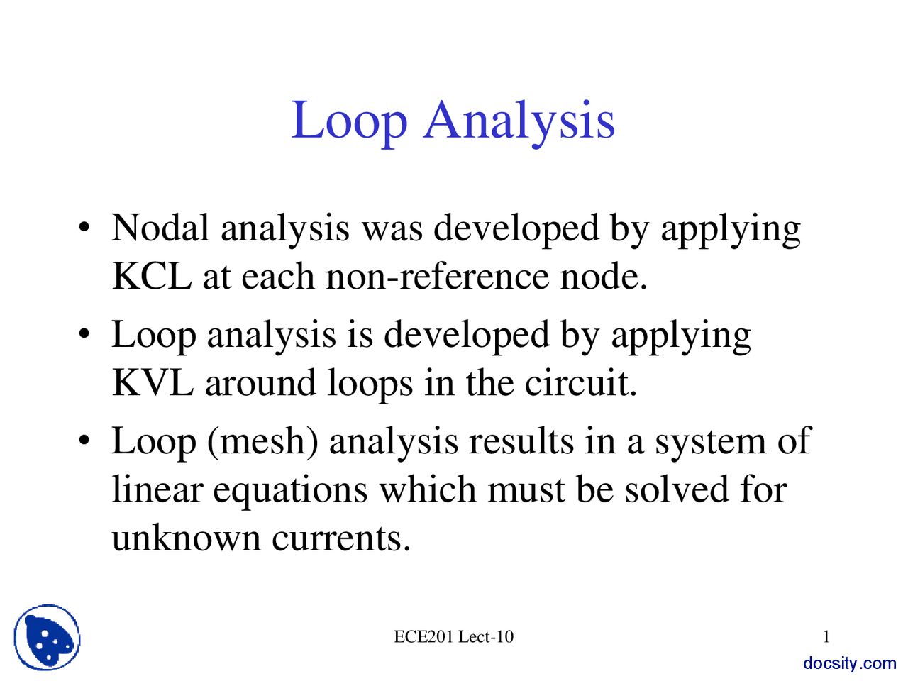 Loop Anylysys Loop Analysis-Electricity And Magnetism-Lecture Slides - Docsity