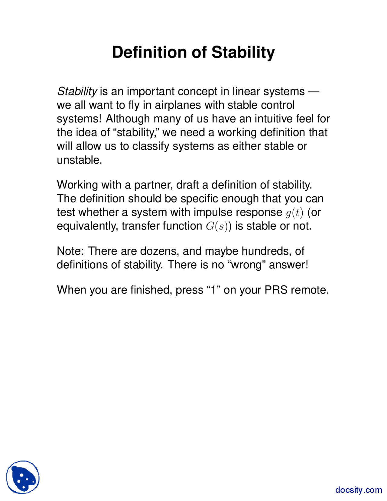 Definition of Stability-Signal and Systems-Lecture Handout - Docsity