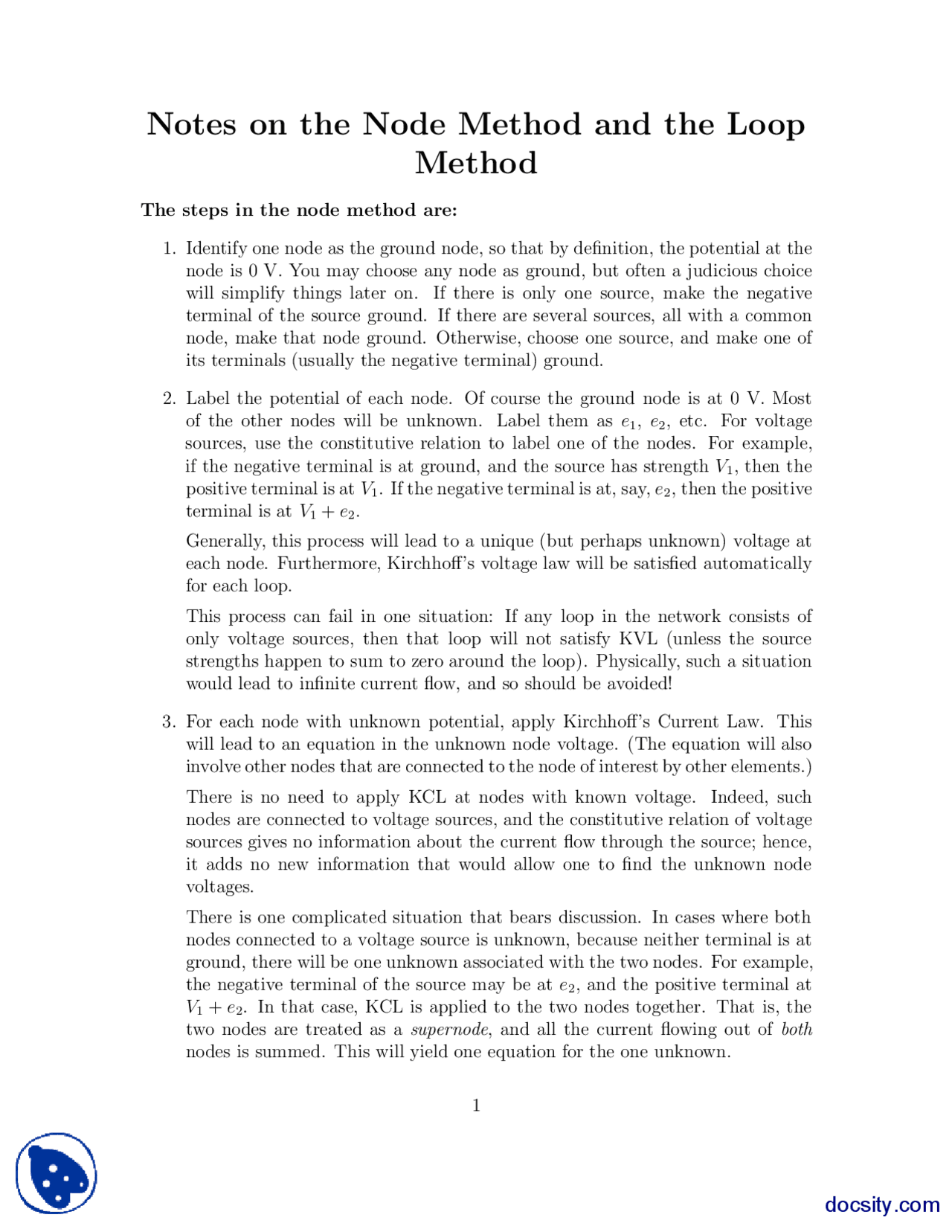 Notes on the Node Method and the Loop Method-Signal and System Theory ...