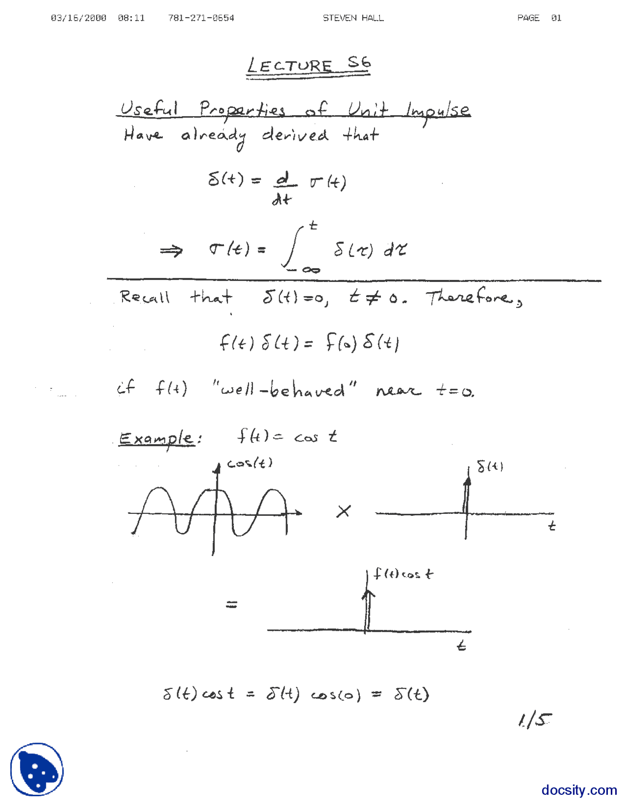 Unit Impulse-Signal and System Theory-Lecture Handout - Docsity