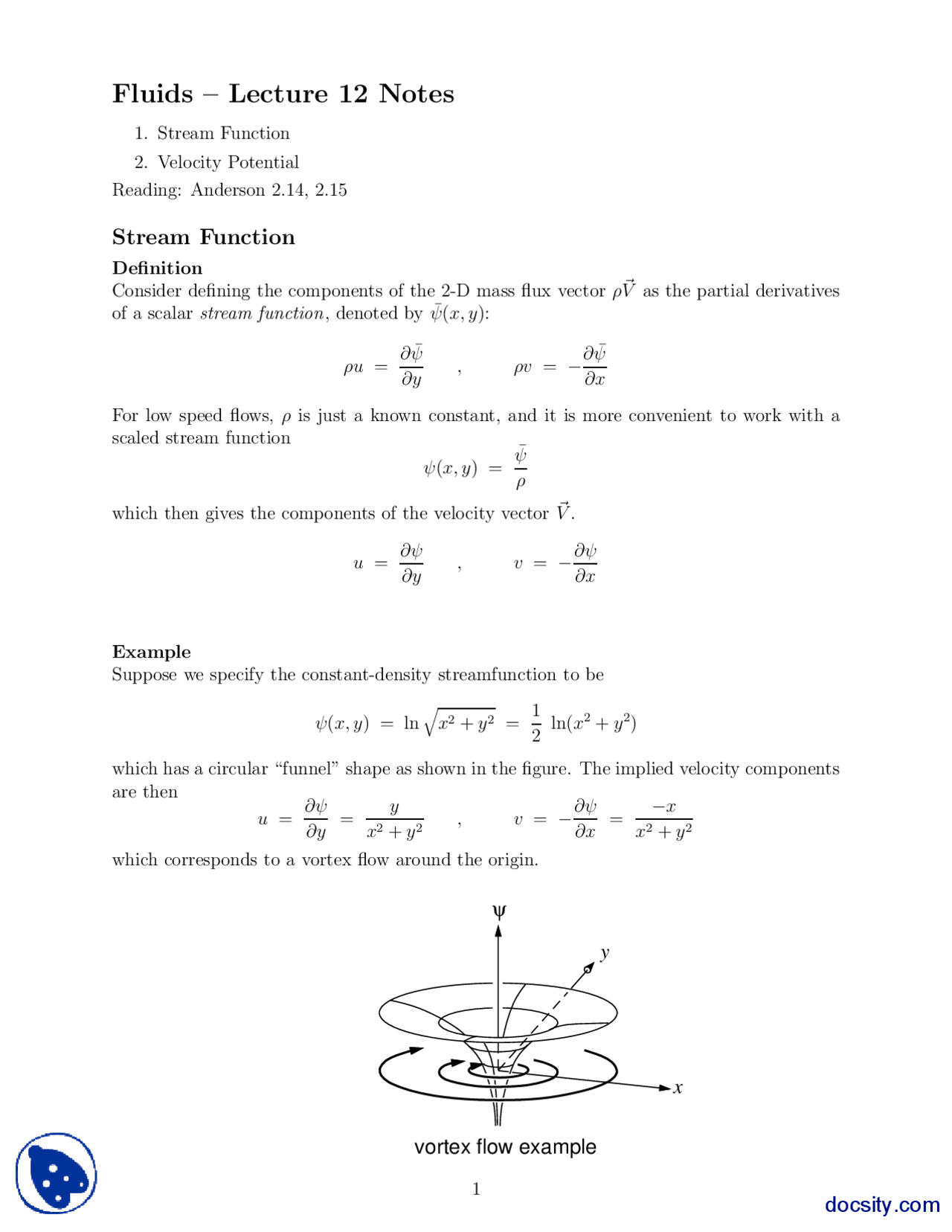 Stream Function-Aerodynamics and Fluid Mechanics-Lecture Notes - Docsity