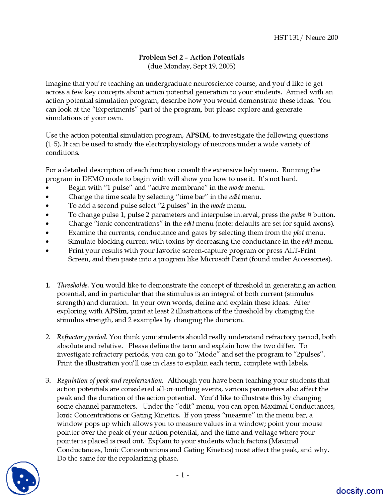 Action Potentials-Pathophysiology-Assignment - Docsity