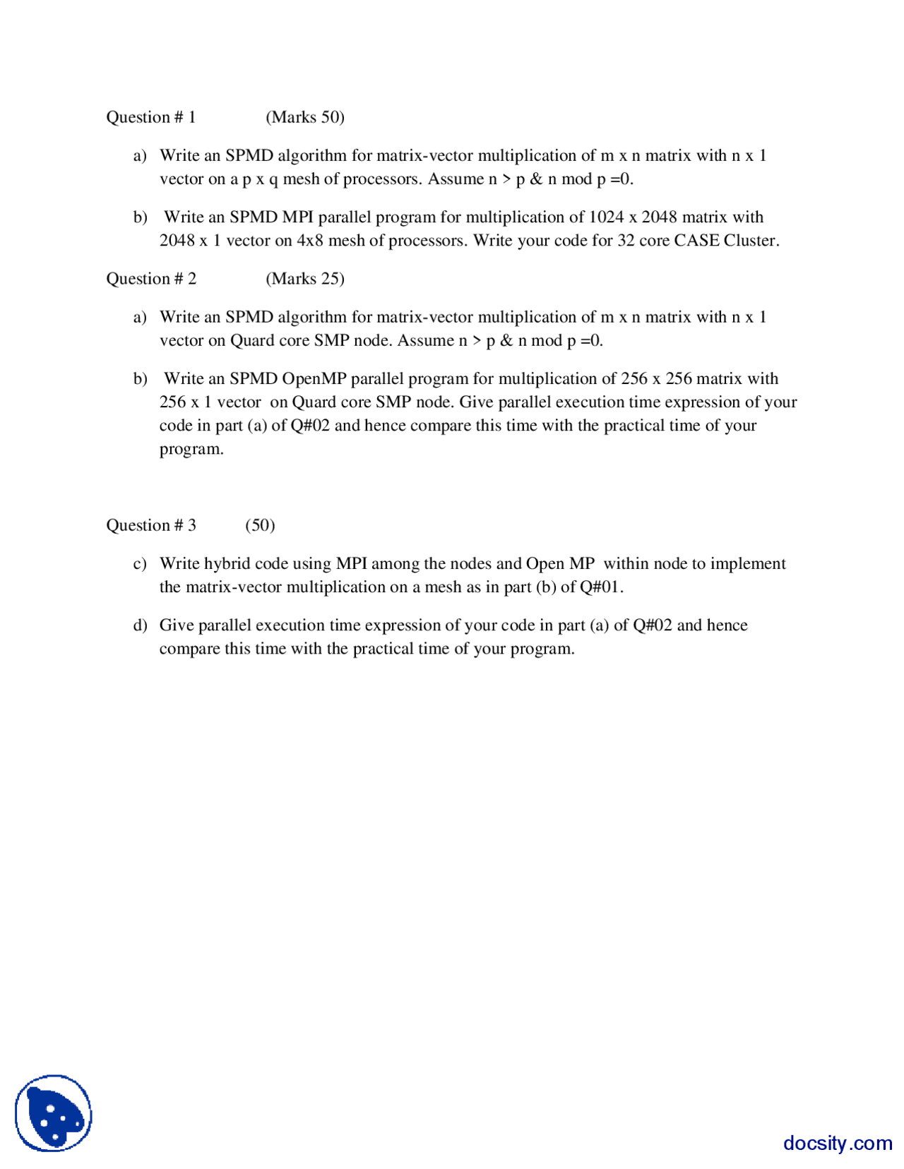 SPMD Algorithm-Parallel Processing-Assignments - Docsity
