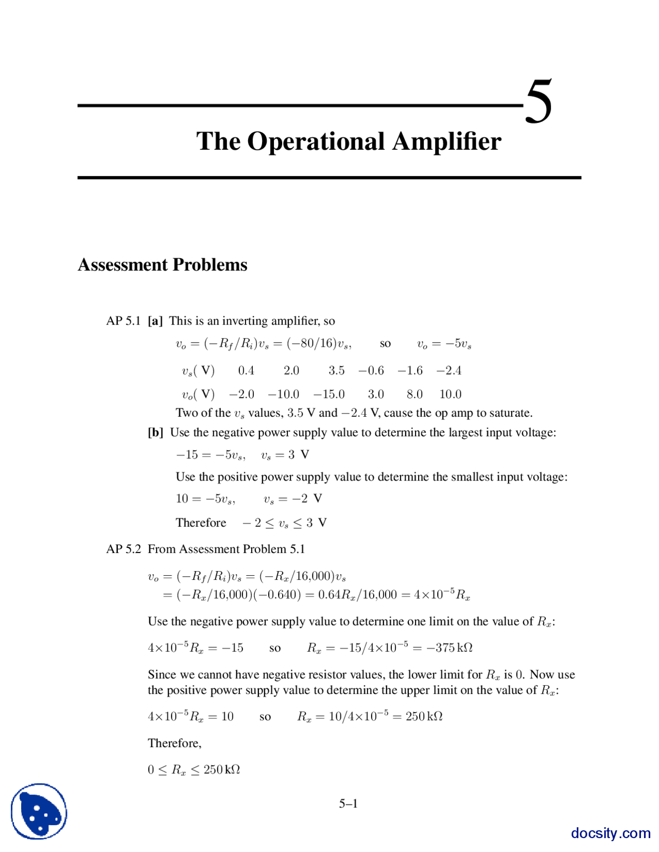 The Operational AmpliferCircuit And Network AnalysisSolution Manual Docsity
