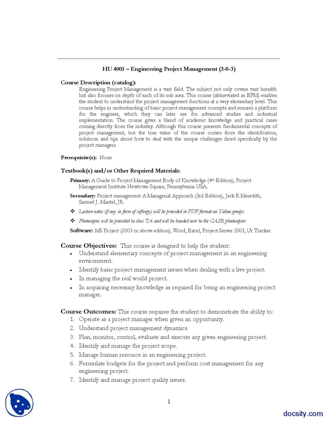 Course Outline-Engineering Project Management-Handout - Docsity