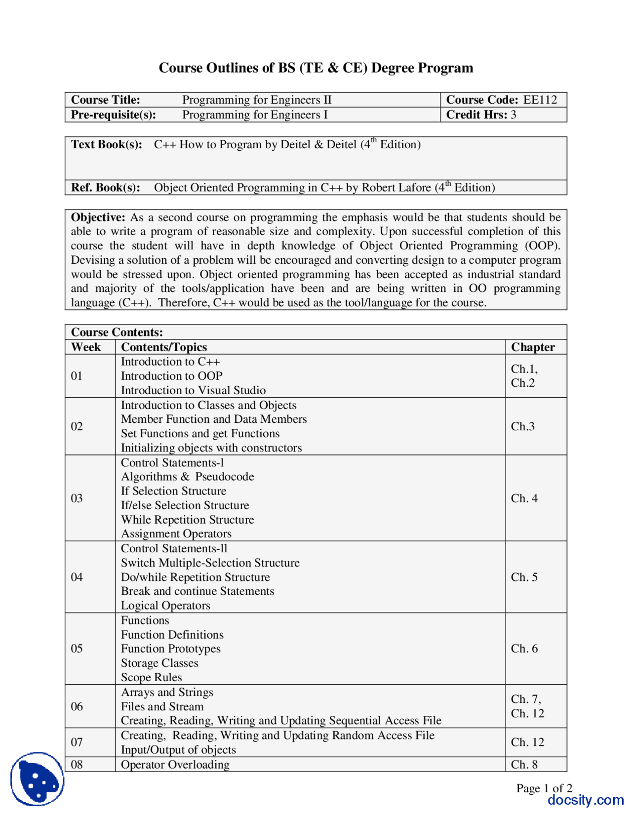 Course Outline-Programming for Engineers II-Handout - Docsity