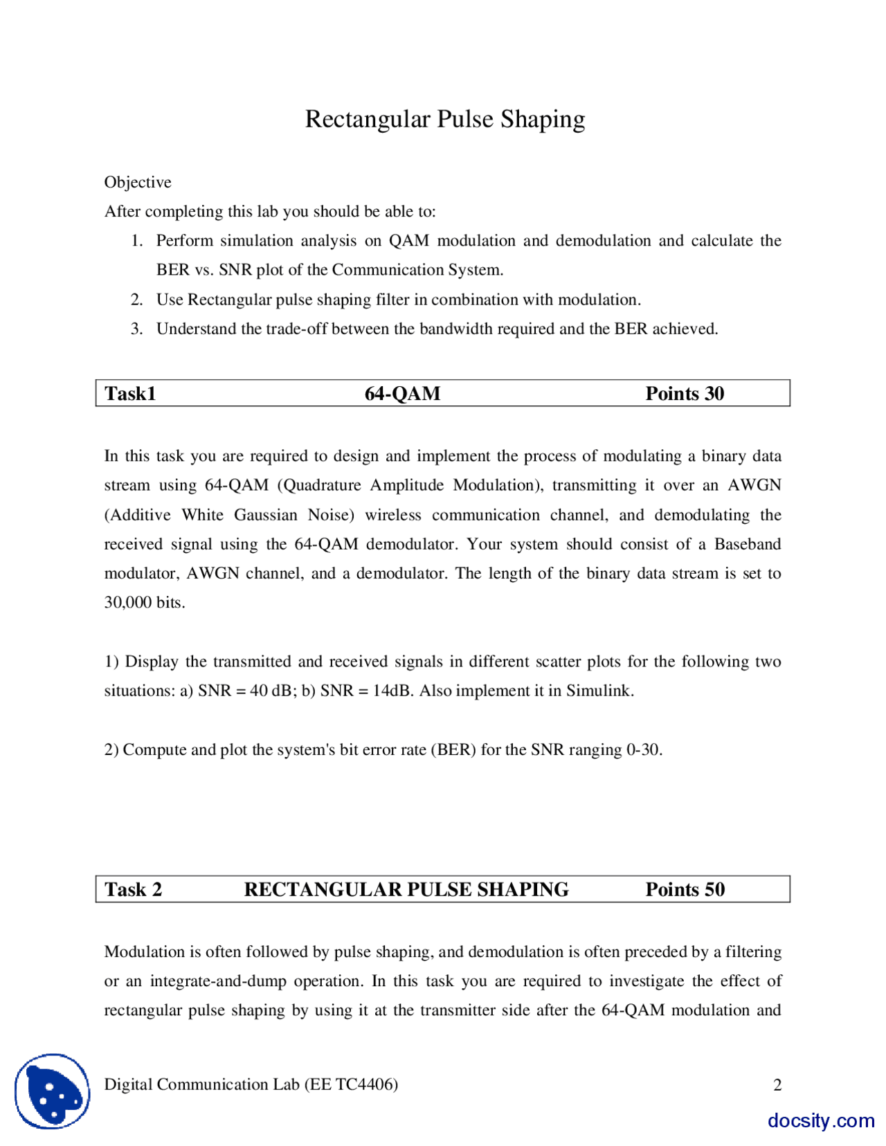 Rectangular Pulse Shaping-Digital Communications-Lab Handout - Docsity