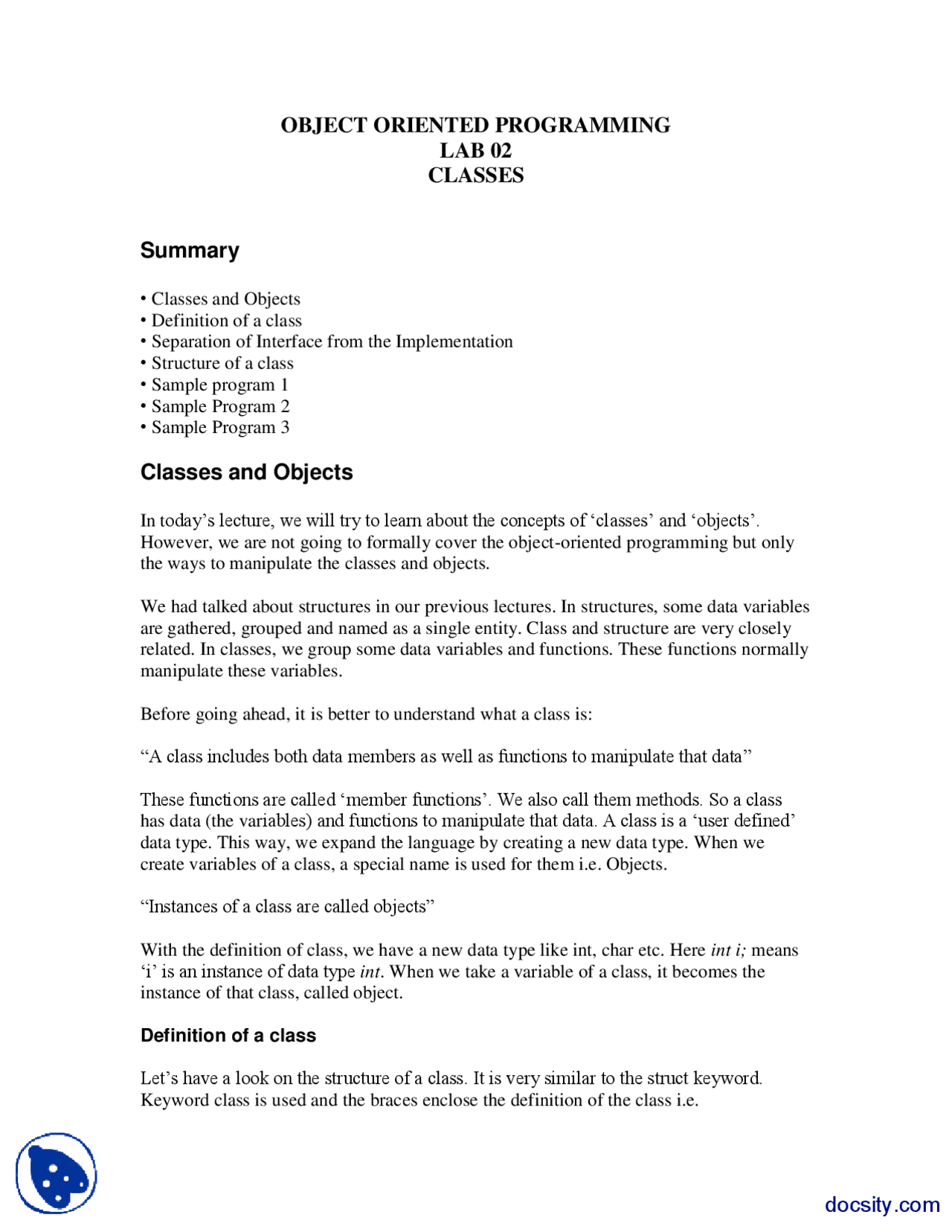 Classes-Advanced Programming for Engineers-Lab Assignment - Docsity