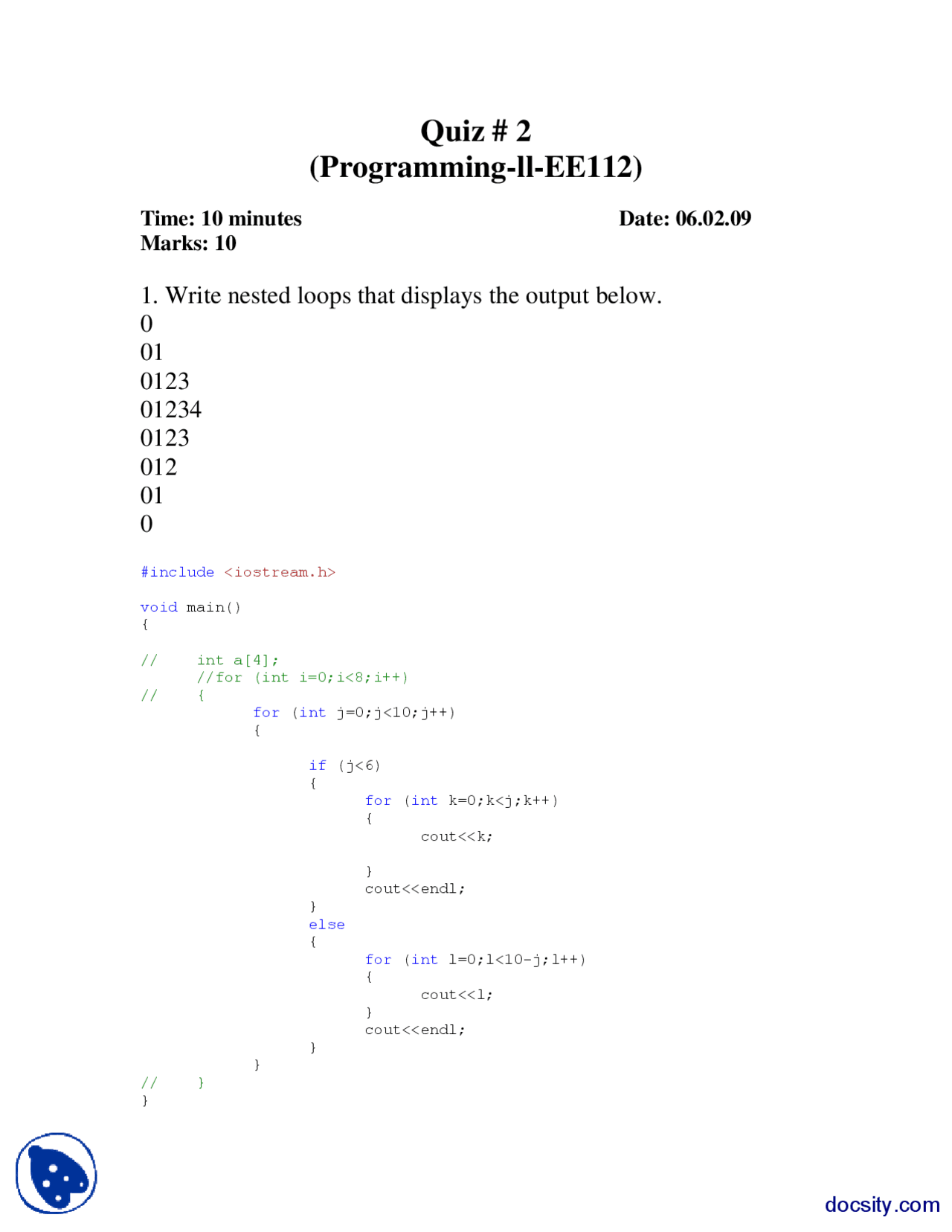 Nested Loops-Programming For Engineers II-Quiz Solution - Docsity