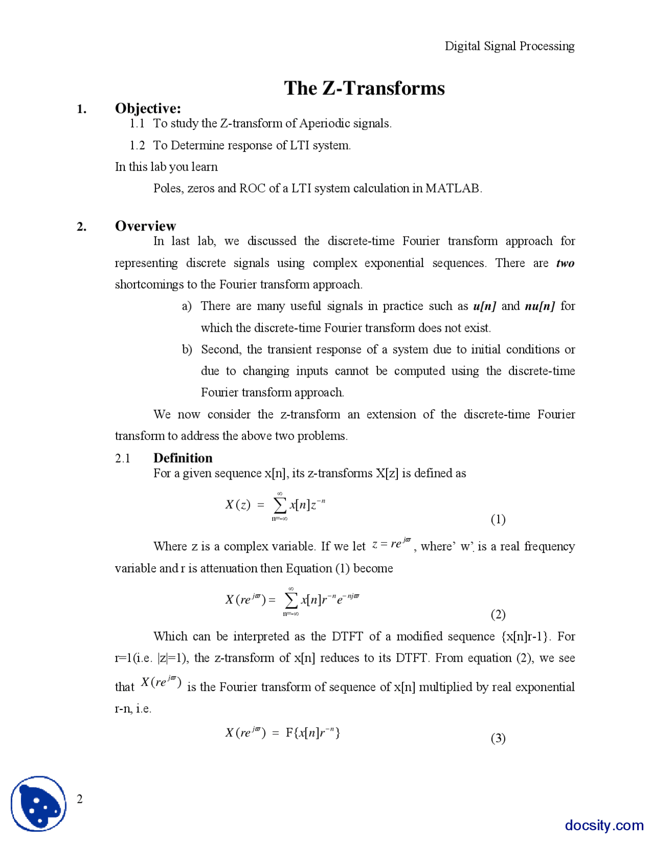 Z Transform Questions The Z Transforms-Digital Signal Processing-Lab Mannual - Docsity