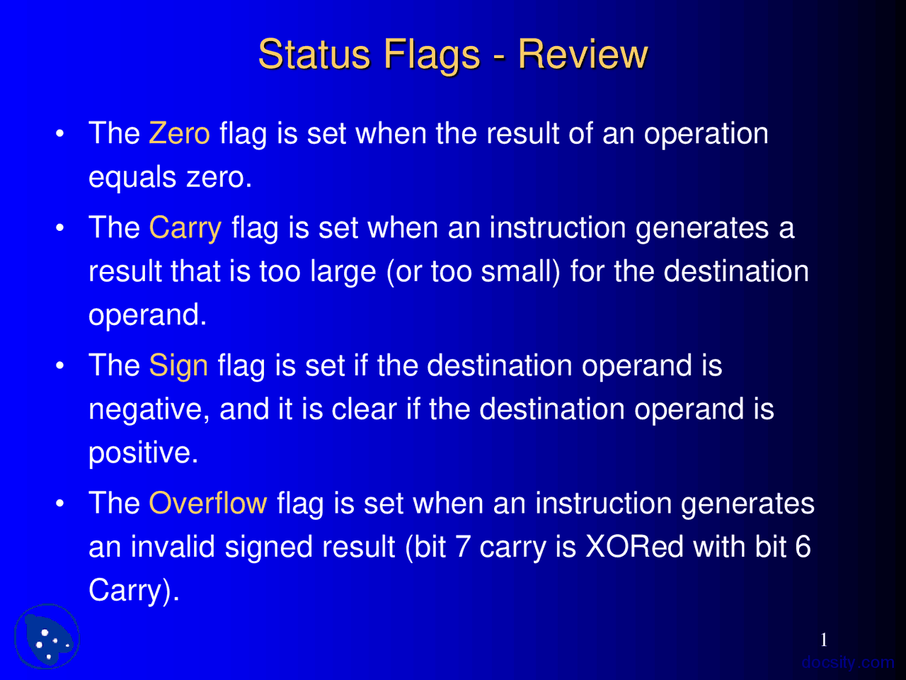 Status Flags Review-Assembly Language Programming-Lab Slides - Docsity
