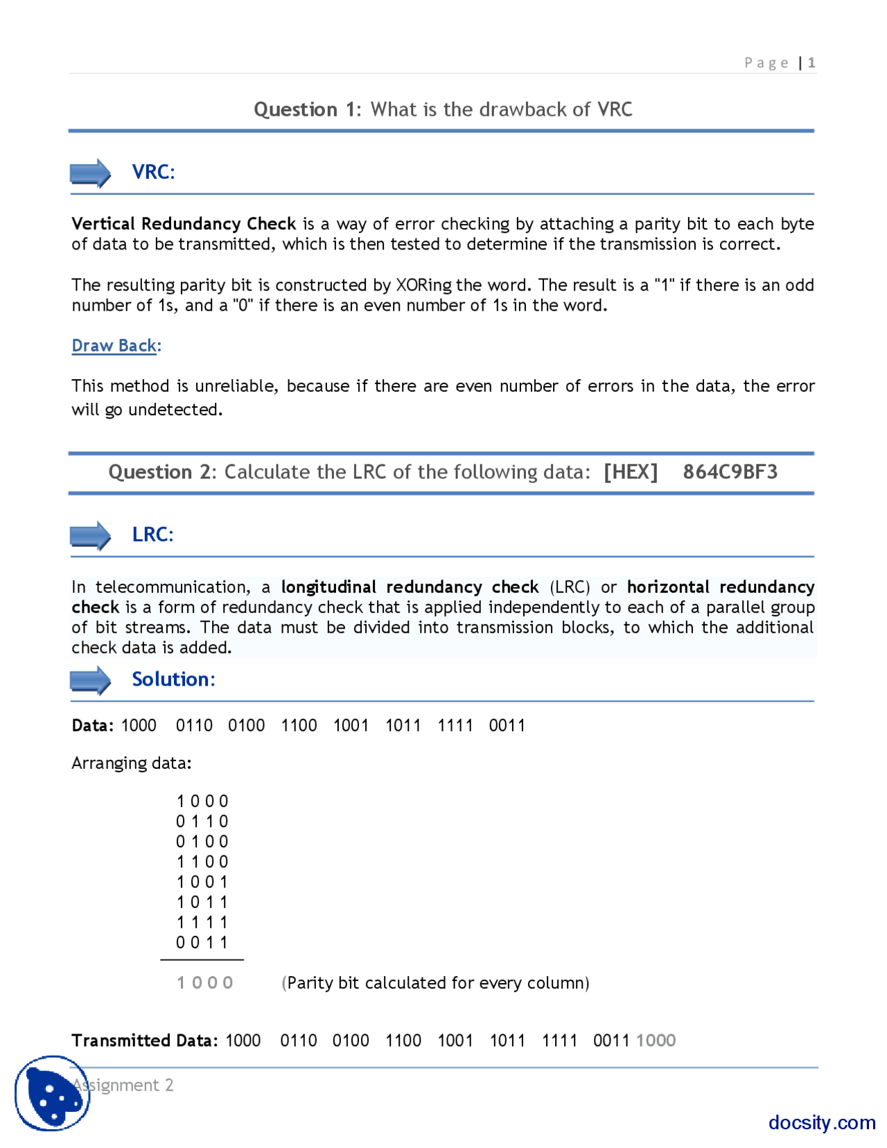 Vertical Redundancy Check-Computer Networks-Assignment - Docsity
