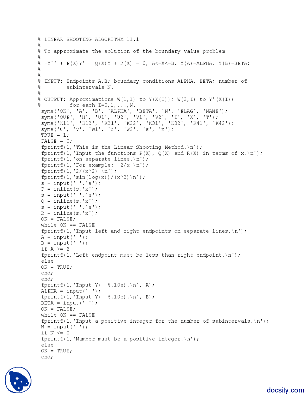 Shooting Method Matlab Linear Shooting Algorithm-Numerical Analysis-MATLAB Code - Docsity