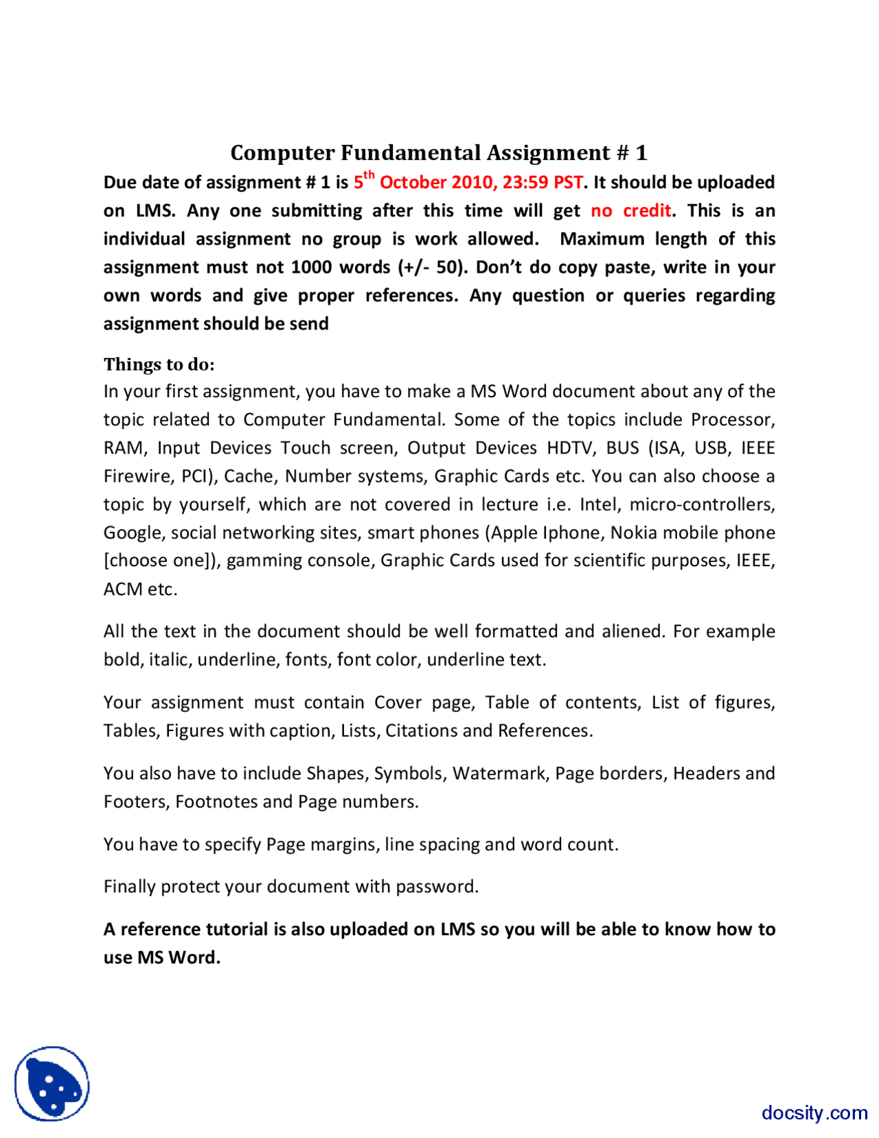 MS Word Document Computer Fundamentals Assignment Docsity MS Word Document Computer Fundamentals Assignment Docsity
