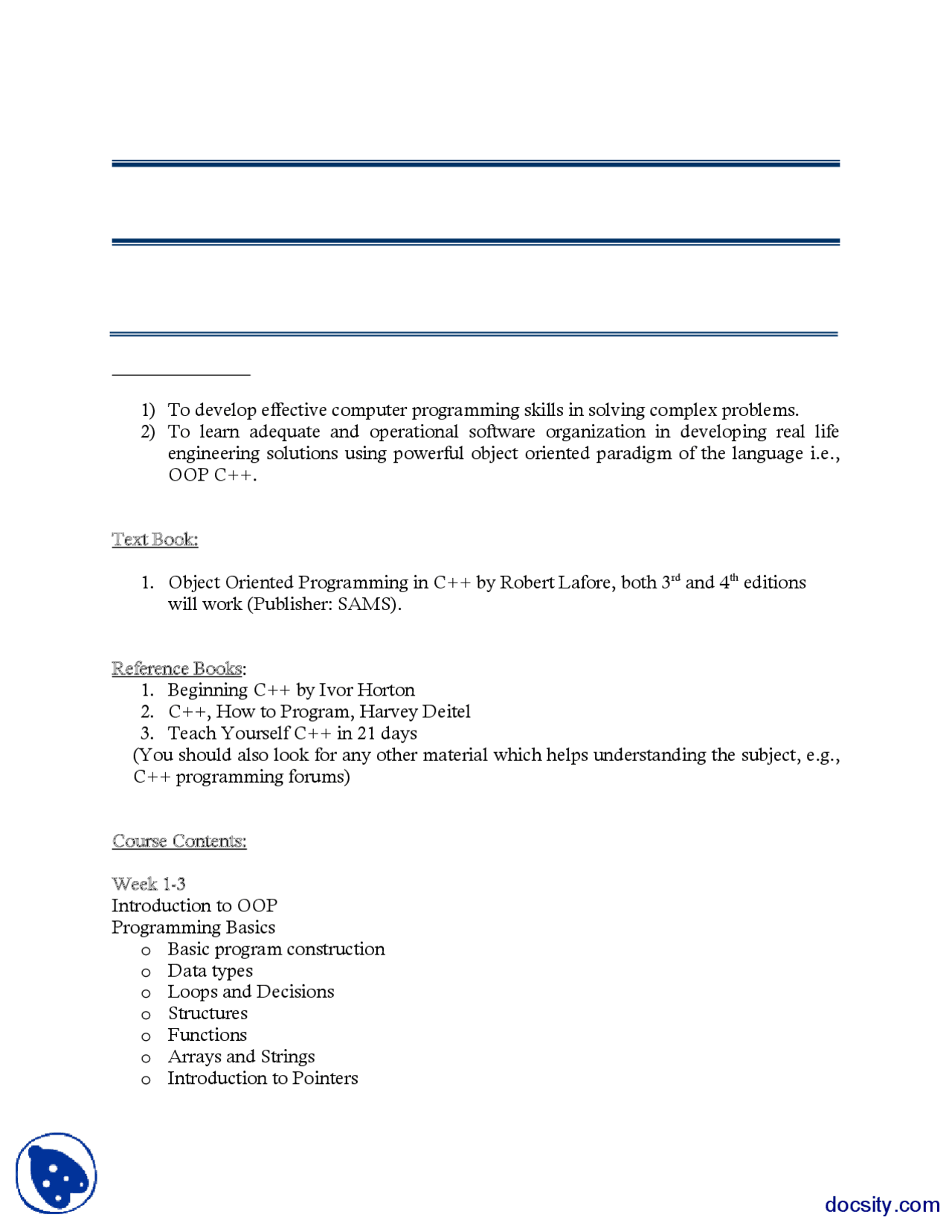 Course Outline-Object Oriented Programming-Cource Breakdown - Docsity
