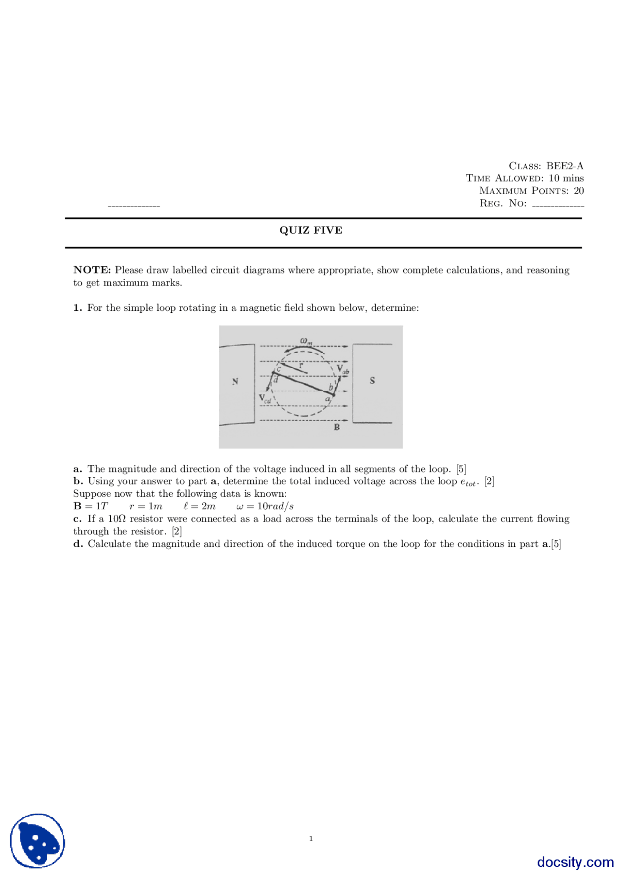 Single Rotating Loop-Electro Mechanical Systems-Quiz - Docsity