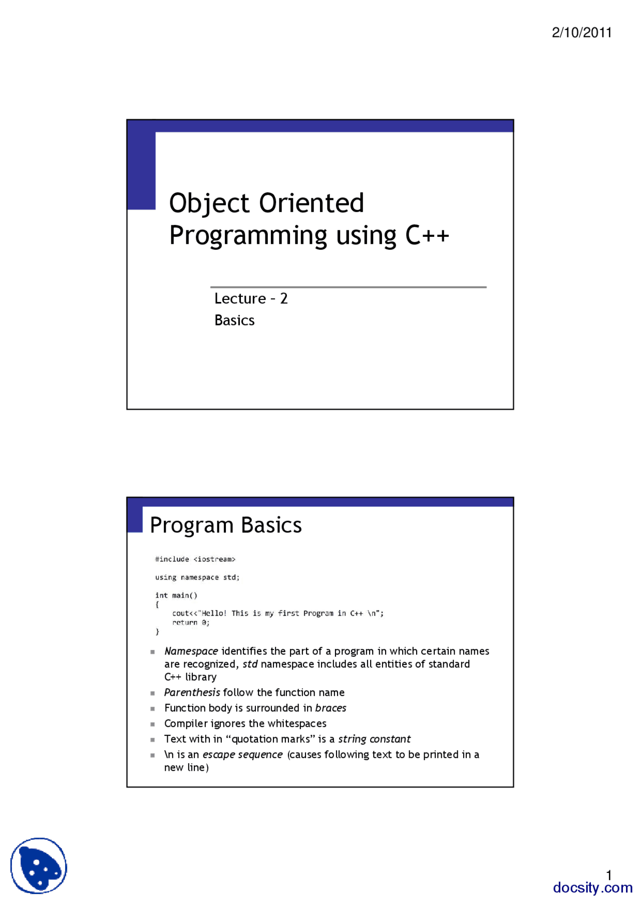 Basics-Object Oriented Programming-Lecture Slides - Docsity