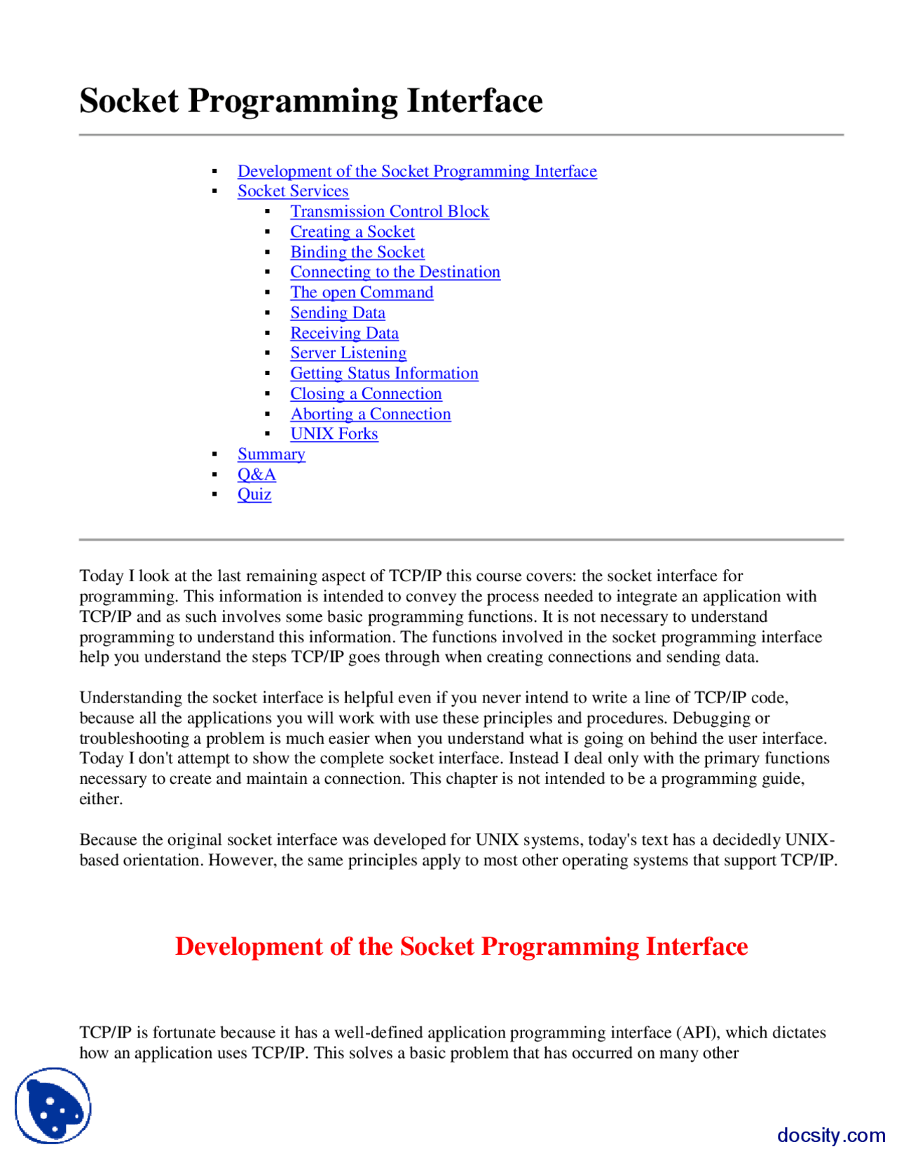 Socket Programming Interface-Network Programming-Lecture Handout - Docsity