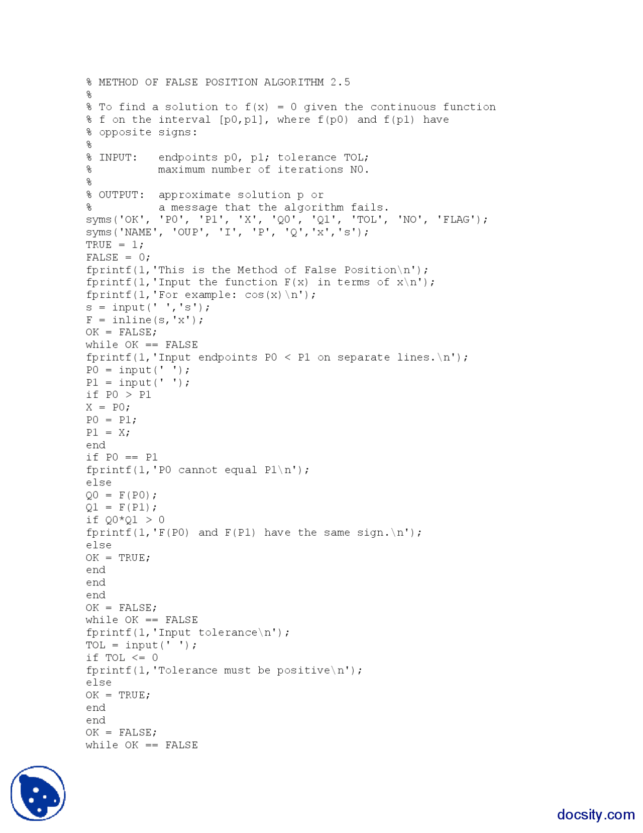 Method of False Position-Numerical Analysis-MATLAB Code - Docsity