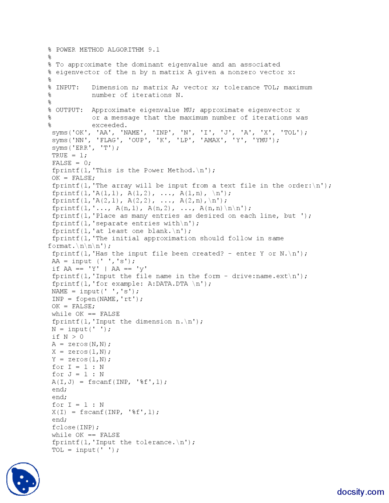 Power Method Algorithm-Numerical Analysis-MATLAB Code - Docsity