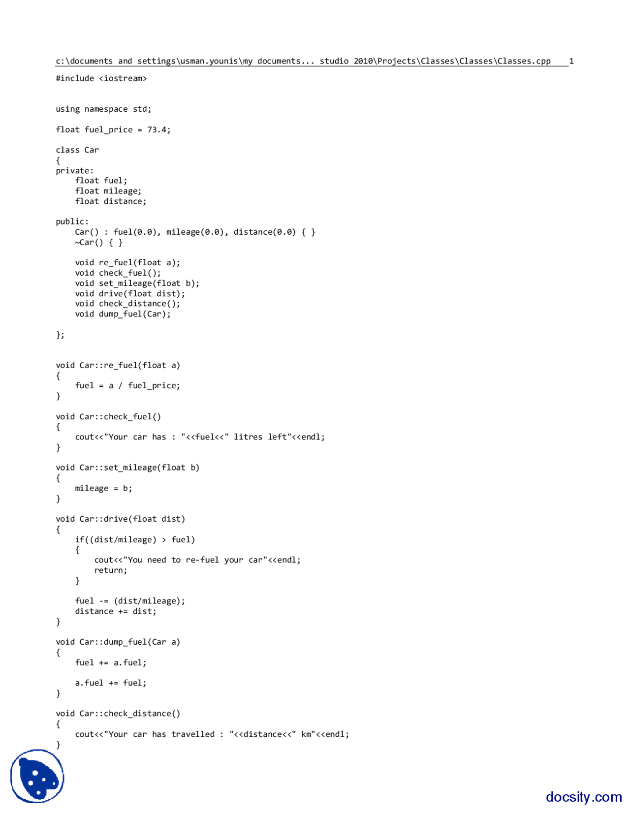 ClassesObject-Object Oriented Programming-Lecture Handout - Docsity
