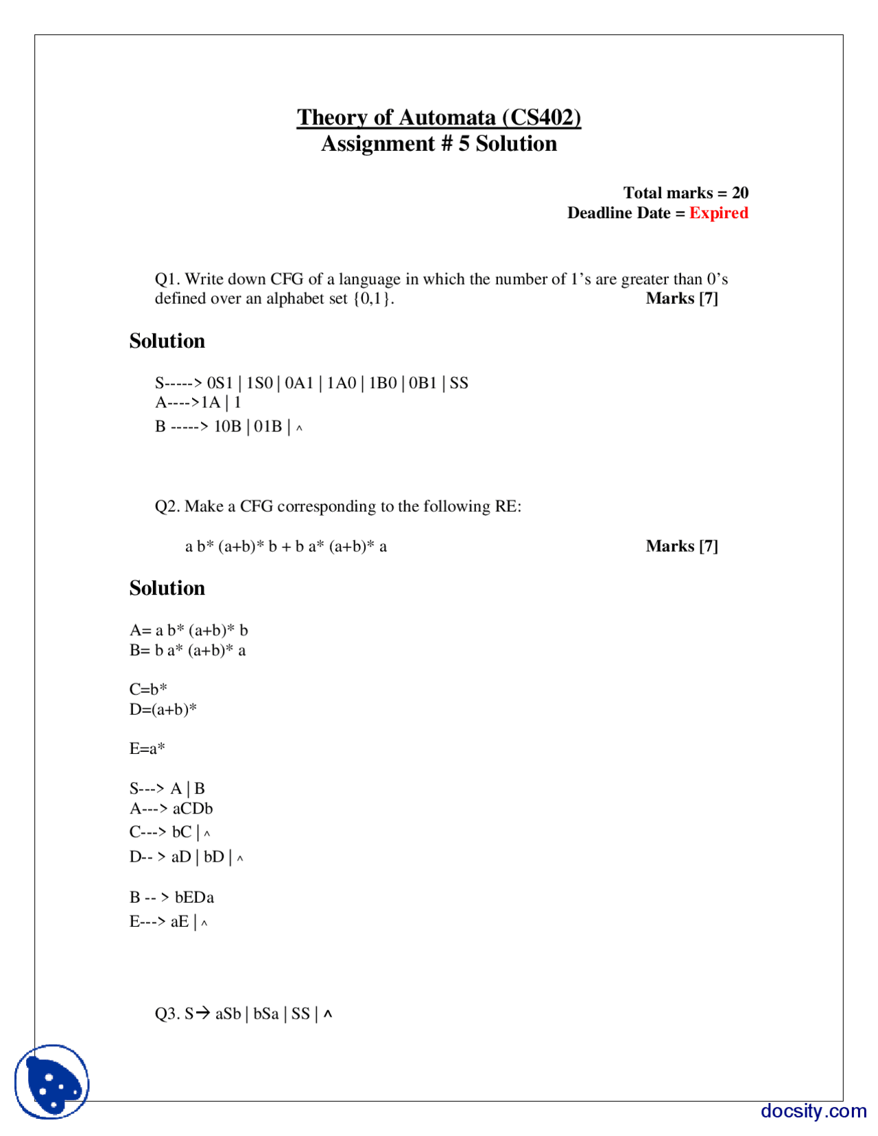 CFG of a Language-Theory of Automata-Assignment Solution - Docsity