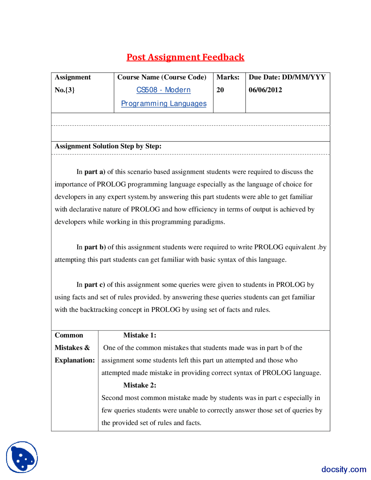PROLOG, Post Assignment Feedback-Modern Programming Languages-Handout ...