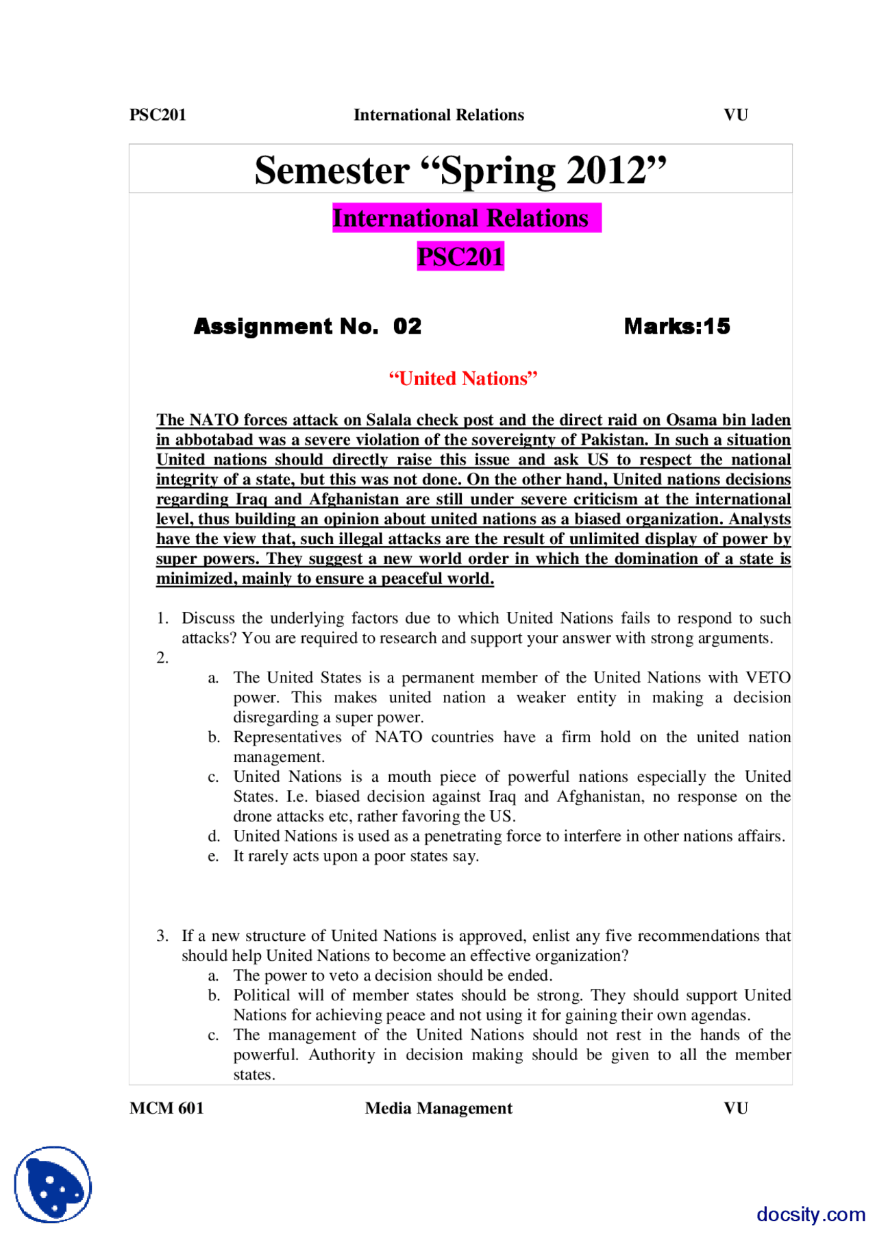 International Relations And United Nations-Management-Assignment ...