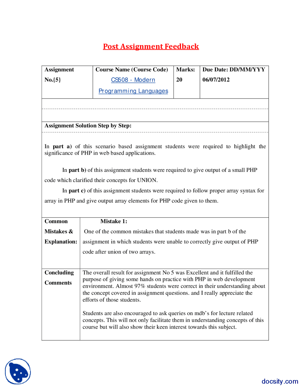 PHP, Post Assignment Feedback-Modern Programming Languages-Handout ...