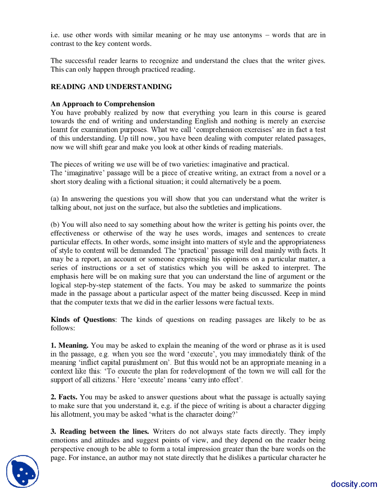 Part 7, An Approach to Comprehension-Business Communication and English Language-Handout | Exercises Business English | Docsity