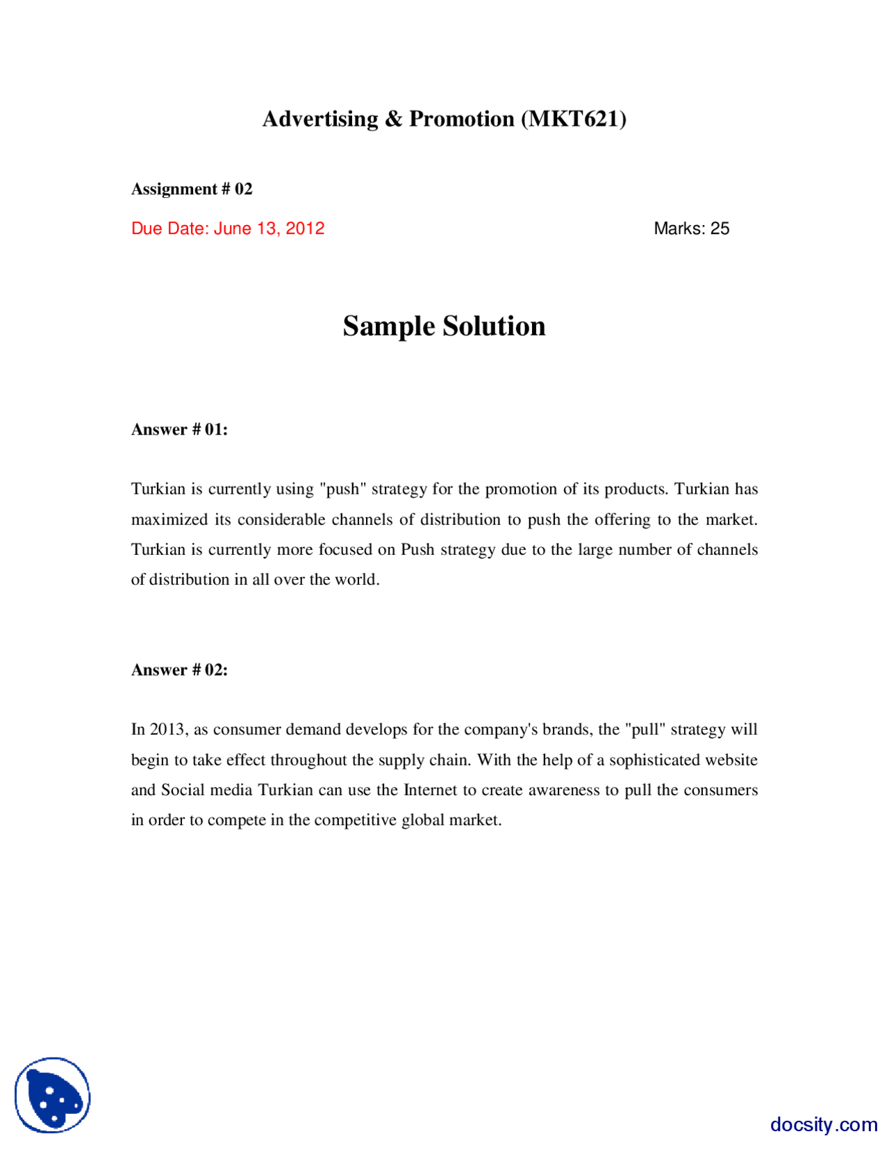 Push Assignment Push Strategy-Marketing Techniques-Assignment Solution - Docsity