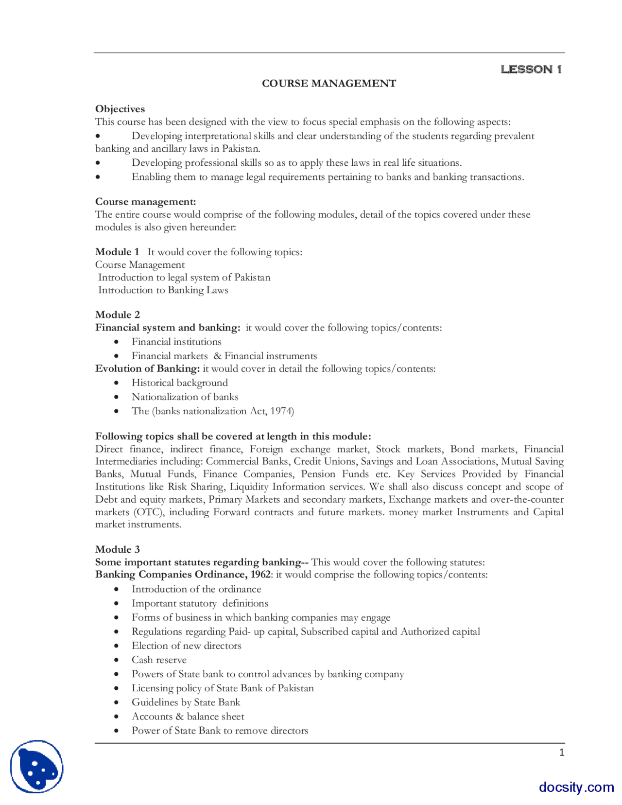 Lesson 1 Course Management-Banking and Finance-Handout | Exercises ...