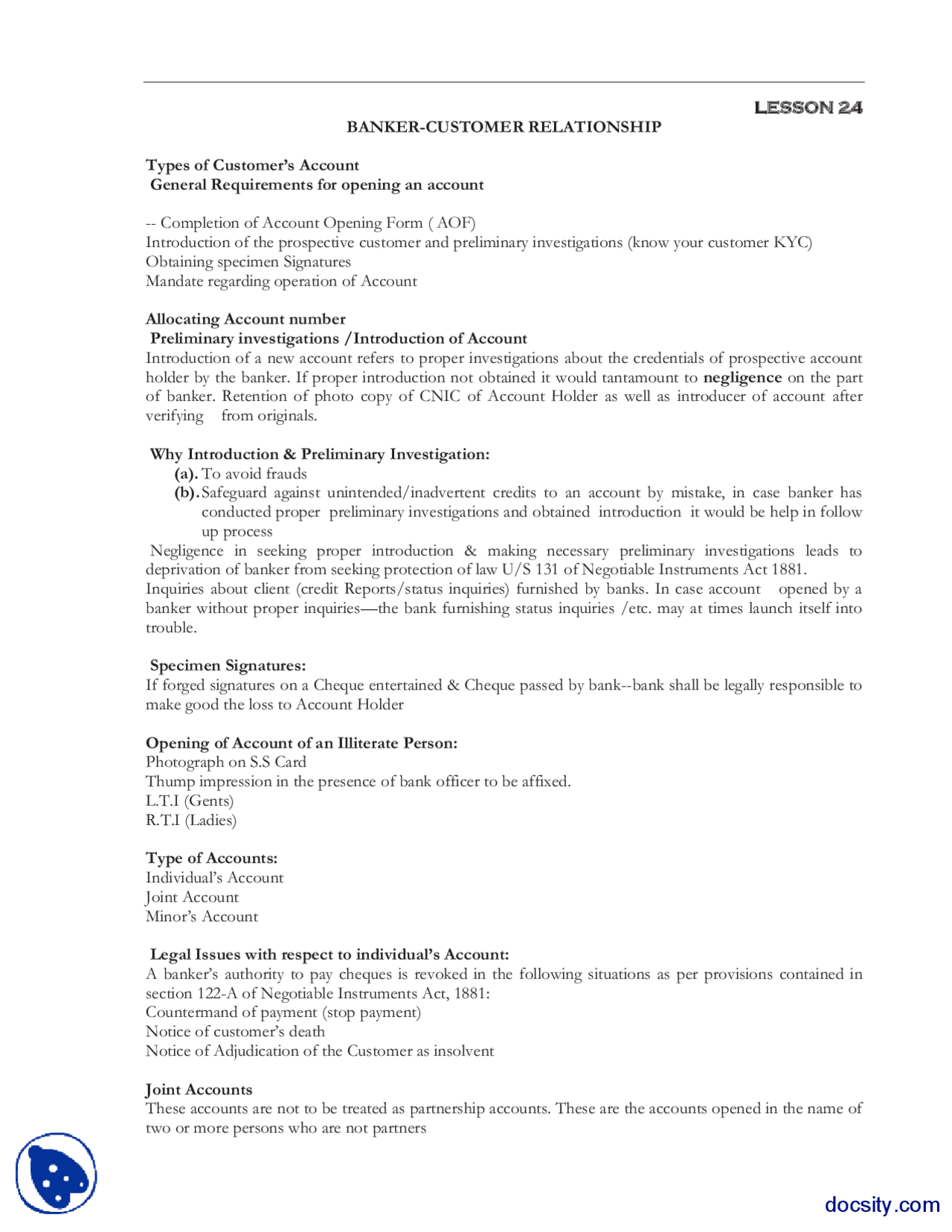Lesson 24 Banker Customer Relationship -Banking and Finance-Handout ...