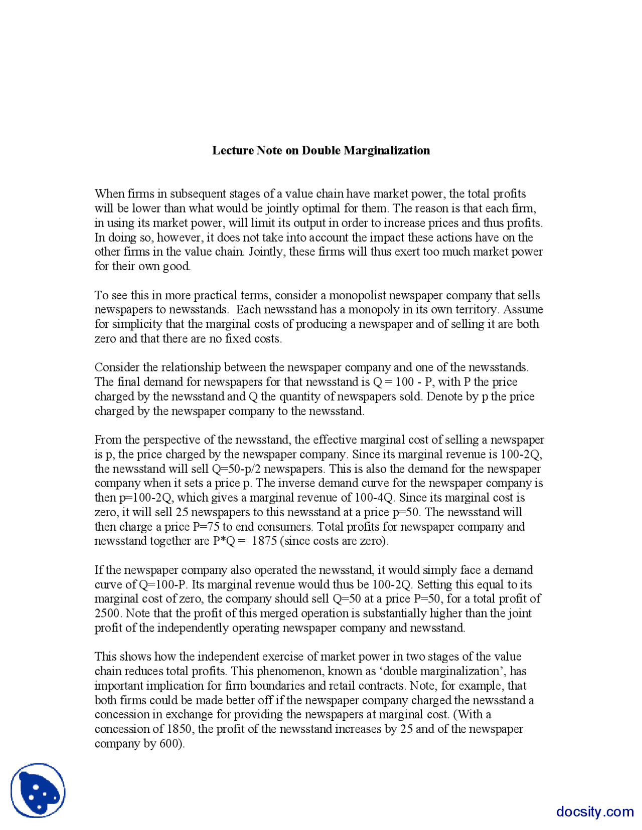 Marginalized Notes Example Lecture Note on Double Marginalization-Marketing-Lecture Handout - Docsity