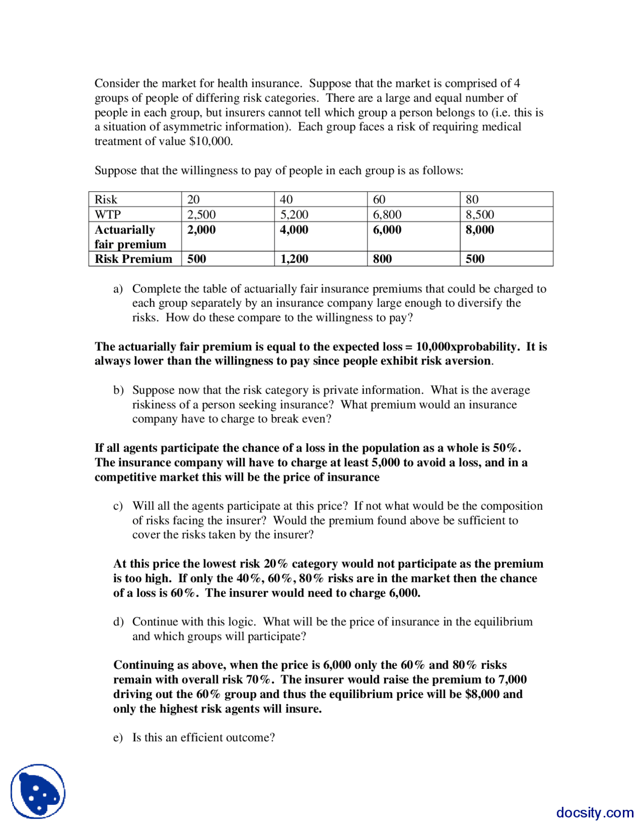 Health Insurance Premiums Math Problems Health Insurance-Applied Economics-Aassignments-Solution - Docsity