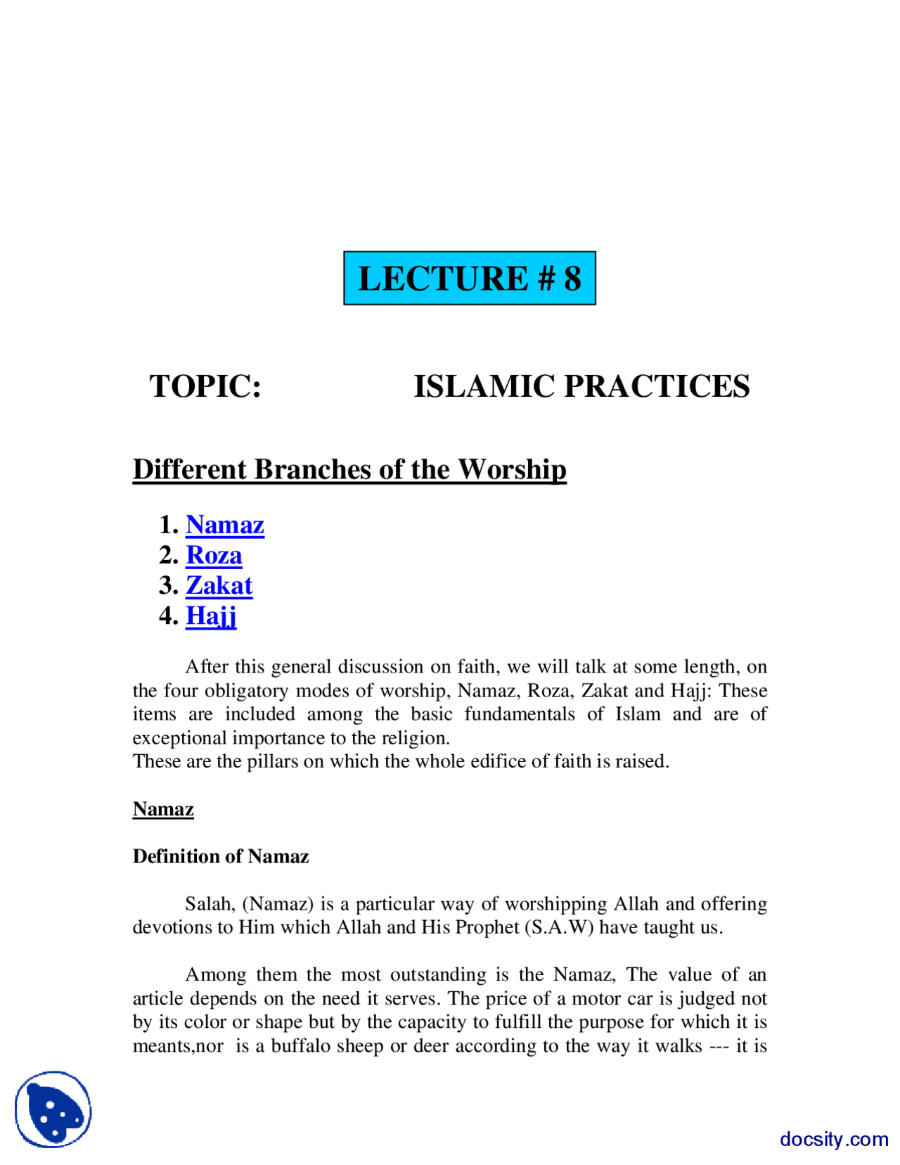 Islamic Practices-Fundamentals of Islam-Lecture Notes - Docsity