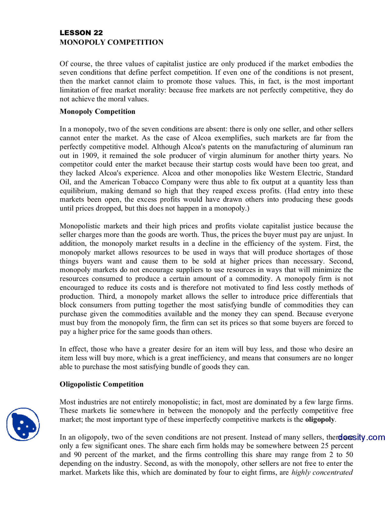 Monoply Competition-Business Ethics-Lecture Notes - Docsity